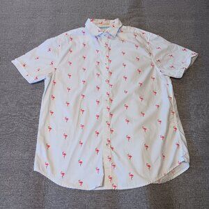 Denim & Flower Ricky Singh pink flamingo pattern button up shirt size L